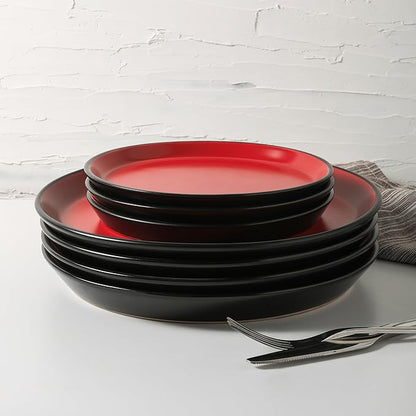 Stone Lain Albie Stoneware 32 Piece Dinnerware Set, Plates and Bowls Sets, Dish Set for 8, Red and Black, Microwave & Dishwasher Safe