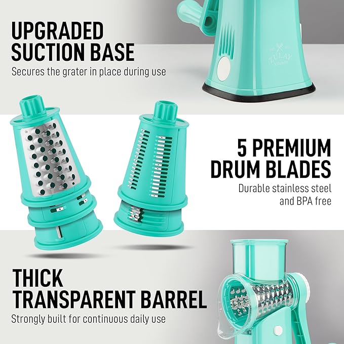 Zulay Kitchen Rotary Cheese Grater 5 Blade Cheese Shredder - Manual Hand Crank Cheese Grater With Reinforced Suction & 5 Interchangeable Drums - Easy to Use, Vegetable Chopper Round Mandoline Slicer