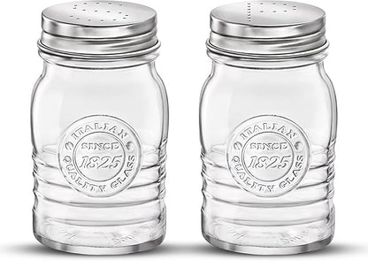 Bormioli Rocco Officina 1825 Salt And Pepper Shaker, Set Of 2, Clear, 8 Oz. Stain Resistant, Durable Glass Jars, Dishwasher Safe.