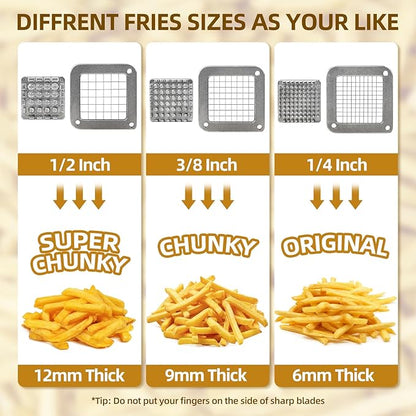 French Fry Cutter Commercial Grade Potato Slicer with Stand Suction Feet Complete Set, Includes 1/4", 3/8", 1/2", 2 Pieces L Stand