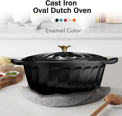 Enameled Oval Dutch Oven Pot with Lid, 7 QT Cast Iron Dutch Oven with Dual Handles for Cooking, Bread Baking, Frying, Non-stick Enamel Coated Oven (Black)