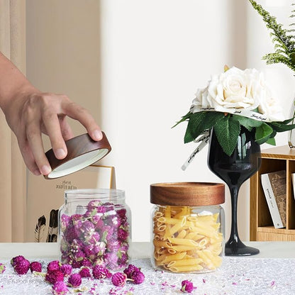 Glass Coffee Jars Spice Jar Round Storage Canister with Wooden Lid Clear Glass Food Jar for Pantry Sugar Tea Coffee Bean Spice Nuts Cookies Bath Salts (500ml/16oz-2pack)