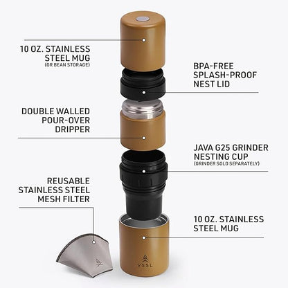 VSSL - Nest Pour Over Coffee Kit | Coffee Maker for Camping | All-In-One Travel Pour Over | Transportable Dripper, Two 10oz Stainless Steel Travel Mugs | Compact Storage & Adventure Ready | Sahara
