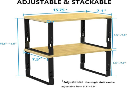Kitchen Cabinet Organization Shelf，Set of 2 Height Adjustable Storage Racks，Stackable，Expandable，Countertop Shelves Organizer，Pantry Shelving(1PACK/Large/Black)