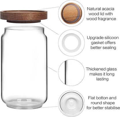 Set of 6 Glass Pantry Storage Jars with Wood Airtight Lid - 23oz Thicken Glass Kitchen Canisters with Reuse Labels&Pen - Glass Food Storage Containers with Wood Lid for Tea,Sugar,Cookie,Coffee