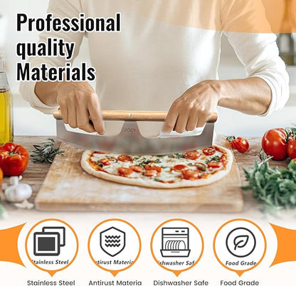 Pizza Cutter Rocker with Wooden Handles & Protective Cover by Zocy, 16" Sharp Stainless Steel Pizza Slicer Wheel, Big Pizza Knife Cutters for Kitchen Tool (16inch)