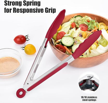 Doosu Kitchen Tongs for Cooking - 600°F Heat Resistant Food Tong Set with Non-Scratch Silicone Tips, Heavy Duty Stainless Steel Locking Tong for BBQ, Grilling Steak, Serving Salad (9+12in, Red)
