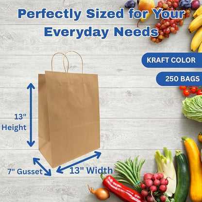 ASSUREPAK DIY Earth Friendly Grocery Paper Bag - 250 Bags - 13"x7"x13" - 74LB (110 GSM strong) - Twisted Handle - Kraft/Natural - Recyclable Food & Supermarket Bags for Decorating & Branding