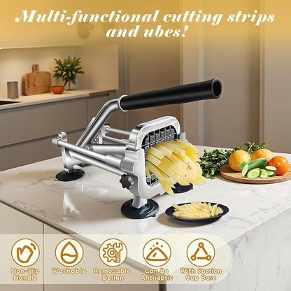 French Fry Cutter, Stainless Steel Commercial Vegetable Chopper, 1/2 Inch, 3/8 Inch and 1/4 Inch Blades Potato Cutter, Easy Clean Manual Chopper for Carrot, Yam, Cucumbers