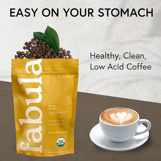 Fabula Coffee Decaf Medium Roast Whole Beans - Organic - Low Acid - Single Origin - Non-GMO - Mold Free - 12 Ounces