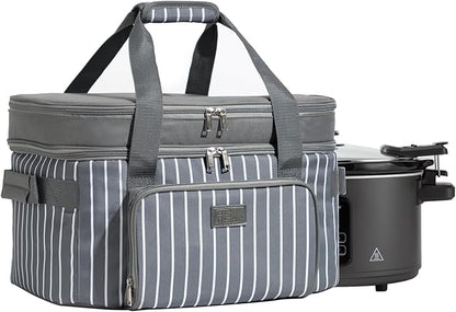 Fun Elements Double Layer Slow Cooker Carrier Bag for 6-8 Quart Oval CrockPot, Insulated Crock Pot Travel Bag with Support Pad and Adjustable Straps, Top Zip Compartment and Front Pocket for Utensils