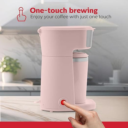 Holstein Housewares Personal Coffee Maker with 14oz Travel Mug – Compact One-Touch Brew Machine with Reusable Filter, Auto Shut-Off, Non-Stick Plate, Ideal for Home, Office, or Dorm. Pink