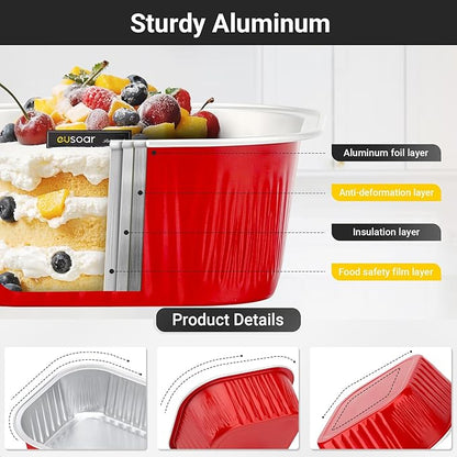 EUSOAR Disposable Ramekins with lids, 10oz 50pcs Square Baking Cups with Lids, 300ml Muffin Liners Snacks Desserts Flan, Pie Ramekin, Recyclable Catering Gathering Wedding Party Favor Baking Cups-Red
