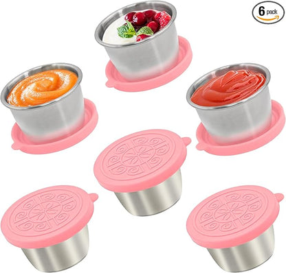 6x2.7 Oz Salad Dressing Container to Go,Handy Leakproof Stainless Steel Meal Prep Containers Reusable,Sauce Containers for Lunch Box, Picnics, Travel, Office and Kitchen Storage-Pink