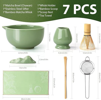 Matcha Whisk Set, 7 Pcs Matcha Kit with Matcha Bowl, Spout, Whisk and Holder, Bamboo Scoop and Stainless Steel Sifter, Japanese Matcha Set for Ceremony, Gift for Matcha Lover