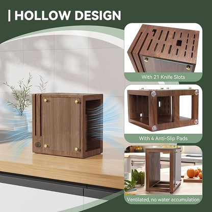 Magnetic Knife Block with Glass Cover, Universal Walnut Wood Knife Holder without Knives for Safe Knife Storage, Large Capacity Knife Storage Organizer for Kitchen Counter Top