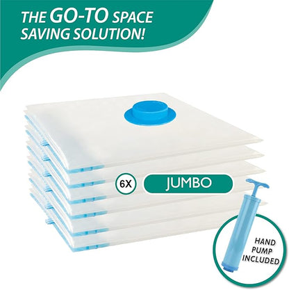 6 Jumbo Vacuum Storage Bags, Space Saver Bags Compression Storage Bags for Comforters and Blankets, Vacuum Sealer Bags for Clothes Storage, Hand Pump Included