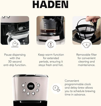 Haden 12-Cup Programmable Coffee Maker for Home or Office, Putty & Chrome – Drip Brewer Machine with Brew Strength, Delay Brewing, Auto Shut-Off and Reusable Washable Water Filter