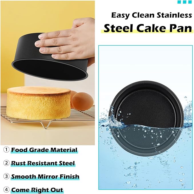 LIANYU 6 Inch Round Cake Pan for Baking, Nonstick Stainless Steel Baking Cake Pan Tin Bakeware for Birthday Wedding Party, Non Toxic Coating, 2 Inch Deep, Dishwasher Safe, Black