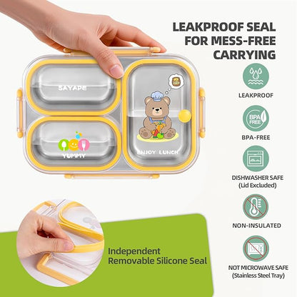 Stainless Steel Bento Lunch Box for Kids, 26.4 oz Leak-Proof 3-Compartment Metal Bento Box, BPA-Free, Cute Cartoon Meal Prep Snack Container with Utensils for School, Office, Travel - Yellow