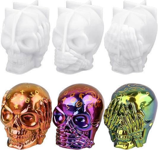 Actvty Skull Resin Molds, 3 Pieces Hear-no, Speak-no, See-no Evil Skull Silicone Molds for Resin Casting, 3D Skull Epoxy Molds for DIY Resin Crafts, Halloween Home Decor, translucent