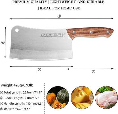 KOFERY Heavy-Duty 7-Inch Meat Cleaver Knife for Bones and Meat - High Carbon Stainless Steel Butcher Knife with Wooden Handle - Lightweight Full-Tang Chinese Cleaver for Powerful Cutting