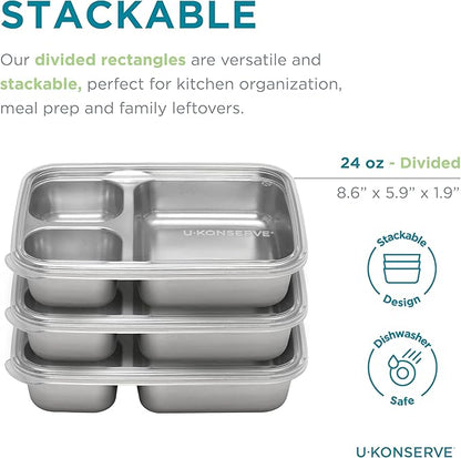 U Konserve Stainless Steel Rectangle Divided 3 Section Food Storage Bento Box Container, Leak Proof Silicone Lid Dishwasher Safe - Plastic Free, (24oz Clear)