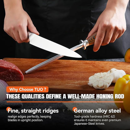 TUO Honing Rod, Sharpening Steel with Larger Diameter for Kitchen Knife Daily Sharpening Maintenance, High Carbon Steel Knife Sharpener Rod, Ergonomic Handle, 8 inch
