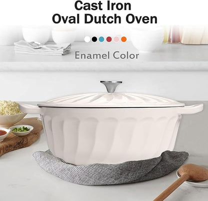Enameled Oval Dutch Oven Pot with Lid, 7 QT Cast Iron Dutch Oven with Dual Handles for Cooking, Bread Baking, Frying, Non-stick Enamel Coated Oven (White)
