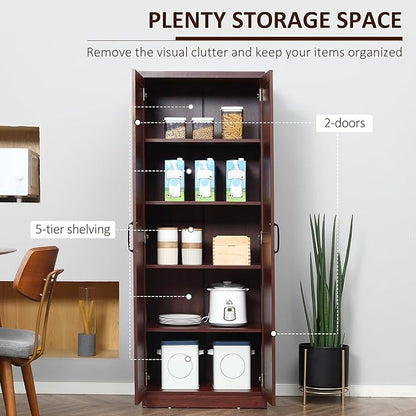 HOMCOM 63" 2-Door Kitchen Pantry, Freestanding Storage Cabinet with 5-Tier Shelving and 2 Adjustable Shelves for Dining Room, Espresso