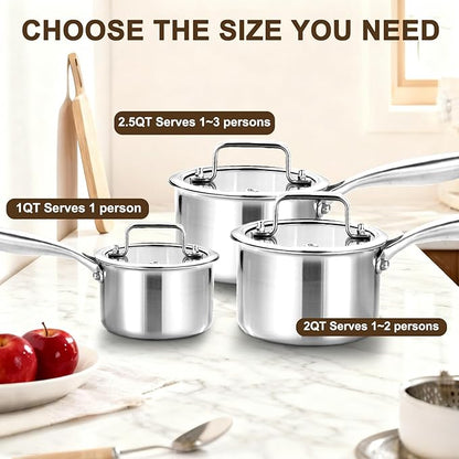 DELARLO Stainless Steel Small Brushed Saucepan With Lid, Induction Cooking Sauce Pot Pans, 18/8 Tri-Ply Heavy Bottom Saucier Cookware, Dishwasher Safe & Oven Safe(2 Quart)