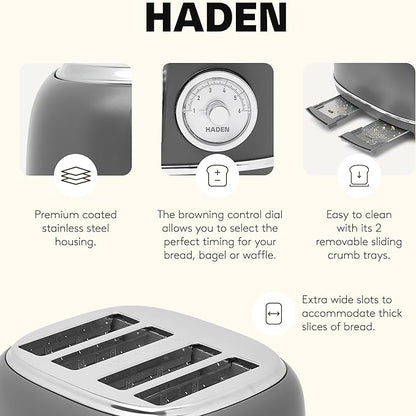 Haden Chelsea 4 Slice Wide Slot Toaster with Adjustable Browning Control, Grey & Chrome