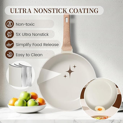 Kikcoin 16Pcs Pots and Pans Set Nonstick Ceramic Cookware Sets Induction Kitchen Cooking Set Non toxic Healthy Non Stick w/Grill Pan,Saute Pan, Ceramic White