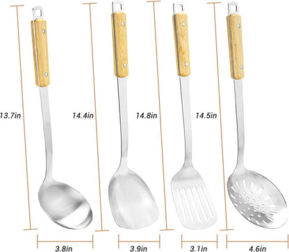 FJNATINH Cooking Utensils - Spatula, Ladle, Skimmer Spoon, Slotted Spatula - 4 Pieces Stainless Steel Wok Utensils Set for Carbon Steel