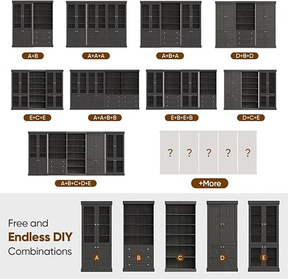70.8" Bookshelf with Glass Doors, Farmhouse Modular Bookcase with 6-Tier Adjustable Shelves, Large Storage Cabinet for Living Room & Home Office, Set of 4, Black