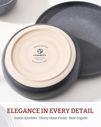 famiware Milkyway Pasta Bowls Set of 4, 8.5" Large Salad Bowls, Double Reactive Glaze, Stackable, Ideal for Housewarming, Festivals, Matte Dark Charcoal
