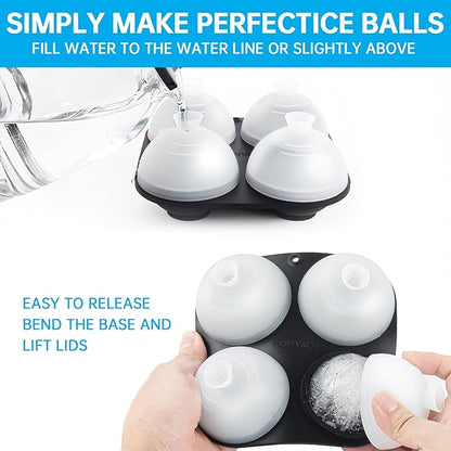 HONYAO Silicone Whiskey Ice Ball Mold - 2.4 Inch Large Ice Cube Trays Molds Silicone with Lids - Ice Sphere Maker for Cocktails, Bourbon, Rum - 4 Iceballs