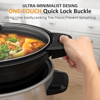 Sunvivi 4qt Slow Cooker, Programmable Slow Cooker with Locking Lid, Removable Ceramic Pot, 3 Heating Settings & Time Control, Mini Food Warmer with Dishwasher-safe Lid & Pot, Silver