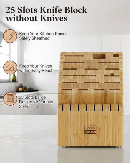 Cooks Standard Bamboo Knife Block Holder without Knives, 25 Slot X-Large Universal Countertop Butcher Block Kitchen Knife Stand for Easy Kitchen Storage