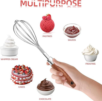 Stainless Steel Wire Whisk for Cooking- Wooden Handle Kitchen Multi Function Non Stick Balloon Whisk Egg Beater for Blending Whisking Beating Frothing Stirring Batters (9"L x 1.8"W)