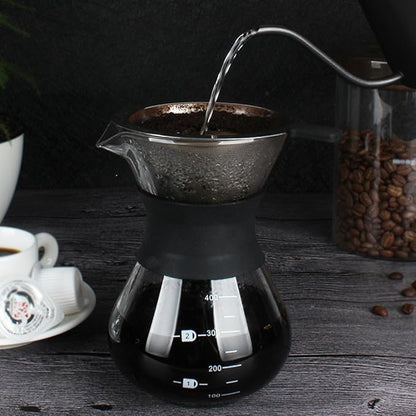 Zopsc 400ml Manual Hand Drip Glass Coffee Maker Pot with Stainless Steel Filter, Marks, Fine Mesh, Suitable for Kitchen, Dining Table, Easy to