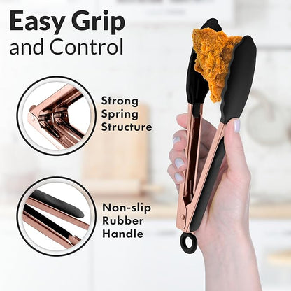 Zulay Stainless Steel Kitchen Tongs with Silicone Tips - Set of 2 (9” & 12”) Locking Cooking Tongs with Non-Slip Grip - Heat Resistant, BBQ Food Tongs for Non-Stick Cooking Pans (Rose Gold/Black)