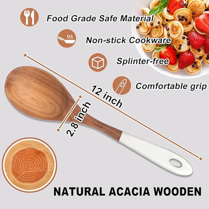 2 Pcs Large Wooden Spoons for Cooking Serving Spoon Set 12 inch Long Big Mixing Spoon for Baking Cooking Spatula Unique Acacia Wood Utensils Ladle Teak Kitchen Tools Cooking Stirring Spoons