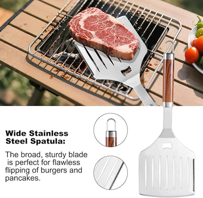 Grilling Accessories Set Large Spatula Fork Cleaning Brush Food Tongs Durable Stainless Steel BBQ Grill Tools with Extra Thick Storage Case BBQ Accessories Grill Set