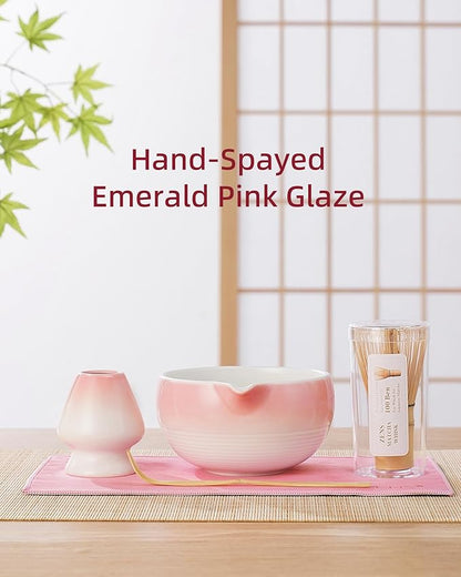ZENS Pink Matcha Set, 6pcs Matcha Kit Includes Ceramic Bowl, Handcrafted Bamboo Whisk and Chasen Holder, Scoop, 304 Sifter & Tea Mat, Matcha Whisk Set Gift for Matcha Lovers