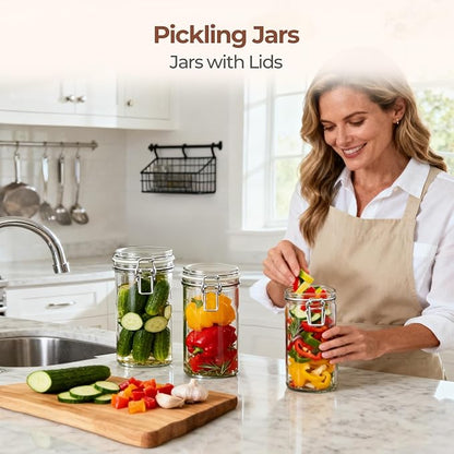 ComSaf Glass Jars with Airtight Lid Set of 3, Mason Jars 32 oz, Pickling Jar, Canning Jar 32oz, 32 oz Glass Containers with Lids for Kitchen, Pickle, Flour, Cereal, Pasta, Sugar, Herb