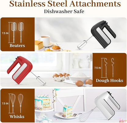 5-Speed Electric Hand Mixer, 800W Handheld Mixer with Turbo for Baking & Cooking, Kitchen Food Mixer with Storage Case & 6 Stainless Steel Attachments (2 Beaters, 2 Dough Hooks, 2 Whisks)-Red