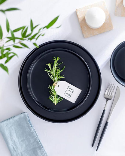 Stoneware dinnerware set 8 persons 24 pcs – Ultra chic matte black plates and bowls set – Dishwasher and microwave safe – Bowl and plate set – Dinner service Pure Living