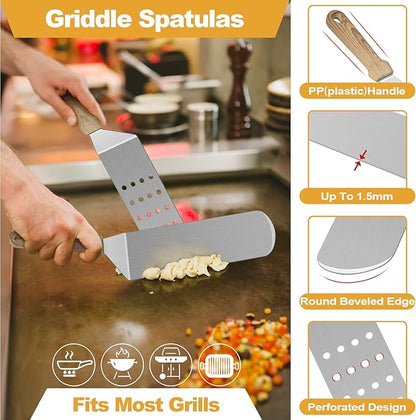 Metal Spatula Set of 5, HaSteeL Heavy Duty Griddle Accessories Kit, Durable Stainless Steel Burger Turner Flipper Scraper Tools for Flat Top Grill Teppanyaki Cast Iron, Indoor & Outdoor, Easy to Clean