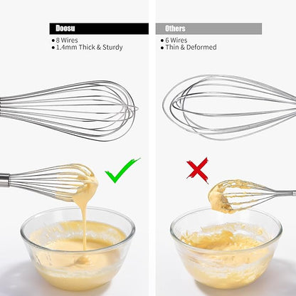 18/8 Stainless Steel Balloon Whisk, Doosu Kitchen Whisk for Cooking Handheld Egg Beater with Rust-Proof Sturdy Wires & Non-Slip Silicone Handle for Beating, Stirring, Blending (8 Wires, Red)